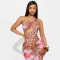 New oblique neck hollowed out see through mesh printed dress for women's wear