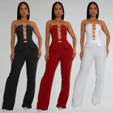 Fashion women's sexy strapless gold buckle bag arm pants two-piece set