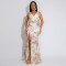 Strap V-neck high slit sequin dress with velvet bead print long skirt for women