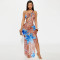 New oblique neck hollowed out see through mesh printed dress for women's wear