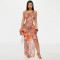 New oblique neck hollowed out see through mesh printed dress for women's wear