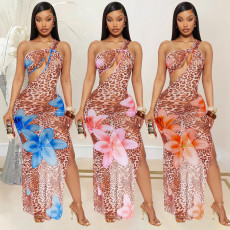 New oblique neck hollowed out see through mesh printed dress for women's wear
