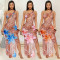 New oblique neck hollowed out see through mesh printed dress for women's wear