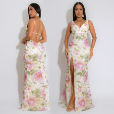Strap V-neck high slit sequin dress with velvet bead print long skirt for women