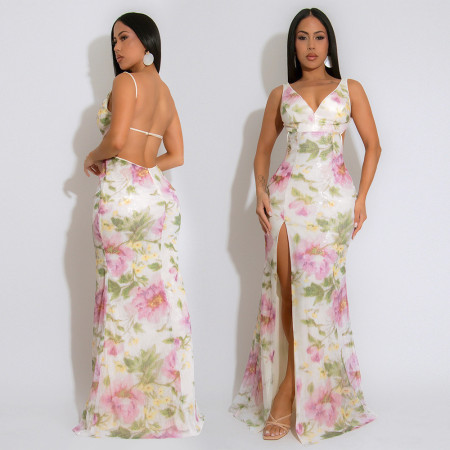 Strap V-neck high slit sequin dress with velvet bead print long skirt for women