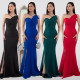 Fashionable women's temperament suspender bag arm fish tail slit dress