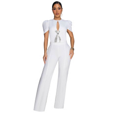 Women's personalized line bow decoration short sleeved casual wide leg jumpsuit