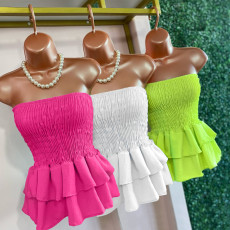 Solid color top, strapless, hugging, slim and sexy top, ruffled hem for women