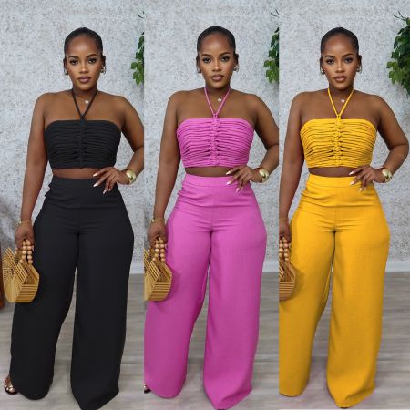Set with drawstring and drawstring top, high waist, side zipper, loose pants, two-piece set