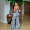 Women's Fashion Black and White Printed Set Shoulder Strap Top High Waist Trumpet Pants Two Piece Set