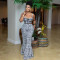 Women's Fashion Black and White Printed Set Shoulder Strap Top High Waist Trumpet Pants Two Piece Set