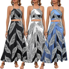 Sexy and fashionable digital printed suspender two-piece skirt set