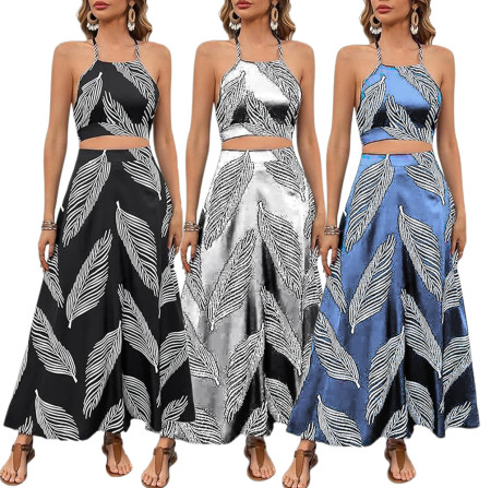 Sexy and fashionable digital printed suspender two-piece skirt set