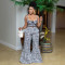 Women's Fashion Black and White Printed Set Shoulder Strap Top High Waist Trumpet Pants Two Piece Set