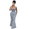 Women's Fashion Black and White Printed Set Shoulder Strap Top High Waist Trumpet Pants Two Piece Set