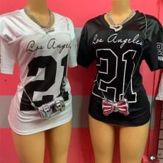 Fashionable street print contrasting loose casual short sleeved top V-neck sporty T-shirt women's clothing