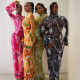 Fashionable retro printed slim fit sexy mesh mesh see through flared sleeves, hip hugging long skirt dress