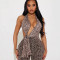 Fashionable and sexy hot girl hanging neck tie tight print leopard print backless hip lifting jumpsuit for women
