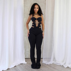 Fashionable and trendy slim fit sexy hanging neck tie design backless jumpsuit