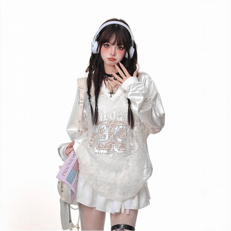 Loose casual lace hollow out patchwork retro long sleeved T-shirt top for women's wear