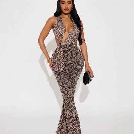 Fashionable and sexy hot girl hanging neck tie tight print leopard print backless hip lifting jumpsuit for women
