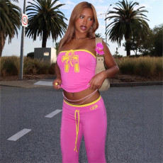 Fashionable slim fit color blocking sexy spicy girl short style strapless and exposed navel top pants set