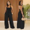 Fashion women's casual wide truffle back hanging neck solid color jumpsuit