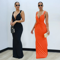Fashionable women's sexy solid color deep v backless shoulder strap dress new