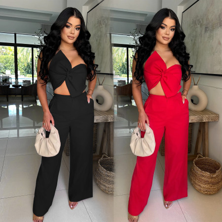 Fashion women's sexy bow casual pants two-piece set new