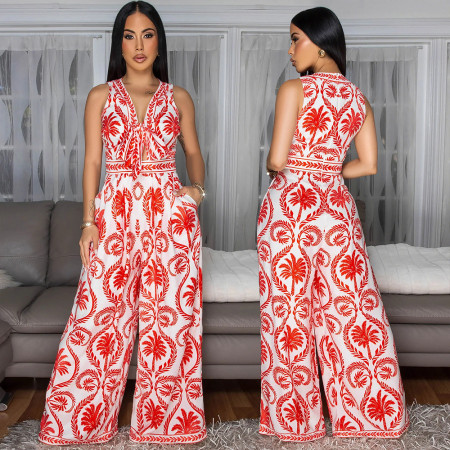 Loose jumpsuit women's sleeveless lace up top zipper printed jumpsuit pants