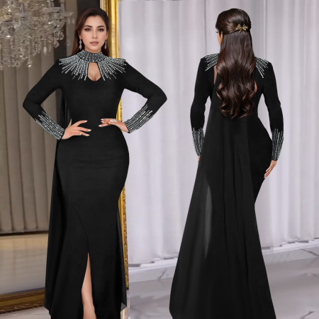 Fashionable women's elegant see through rhinestone long sleeved tight fitting dress
