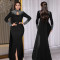 Fashionable women's elegant see through rhinestone long sleeved tight fitting dress