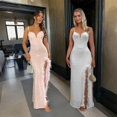 Strap dress, V-neck strapless dress, feather edge split design