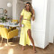 Fashionable round neck short sleeved top paired with split skirt and pleated long skirt, two-piece set for women's wear