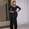 Fashionable women's elegant see through rhinestone long sleeved tight fitting dress