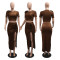 Fashionable round neck short sleeved top paired with split skirt and pleated long skirt, two-piece set for women's wear