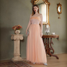 Solid color elegant strapless light luxury summer sequin banquet party evening dress