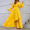 Solid color V-neck elegant long slit banquet long sleeved dress