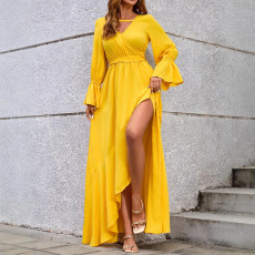 Solid color V-neck elegant long slit banquet long sleeved dress