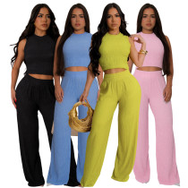 Elastic wrinkled loose sleeveless wide leg pants set, two-piece set