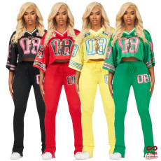 Fashion V-neck mesh pocket strap micro flared pants two-piece set from source