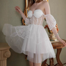 Strapless solid color mesh elegant lace  short dress