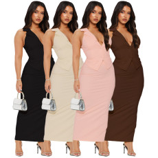 Cross border sleeveless lapel suit vest high waist slim fit zipper slit skirt two-piece set