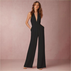 V-neck elegant hanging neck sleeveless long jumpsuit