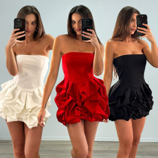 Women's sexy dress, solid color strapless sleeveless, big flower wrapped hip skirt, high waisted dress