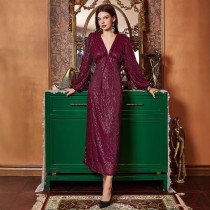 Solid color V-neck sequin elegant slim fit summer banquet party evening gown
