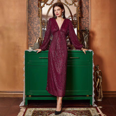 Solid color V-neck sequin elegant slim fit summer banquet party evening gown