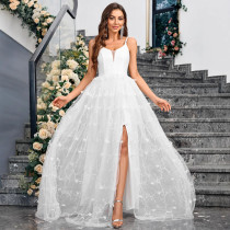 New solid color summer cross-border elegant temperament mesh suspender V-neck banquet evening dress