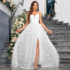 New solid color summer cross-border elegant temperament mesh suspender V-neck banquet evening dress