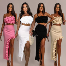 Summer women's beach dress, European and American ruffle edge skirt, halter top, sexy two